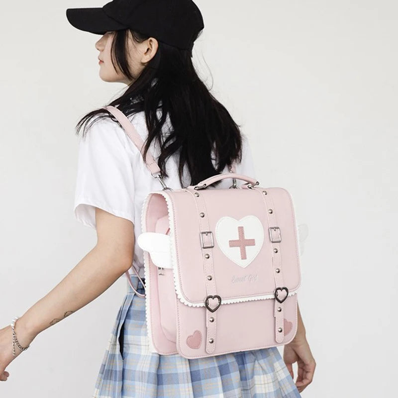 KAWAI Japan Style Lolita Backpack Girl Students Artificial Leather Briefcase Angel Wings Bookbag HandBags