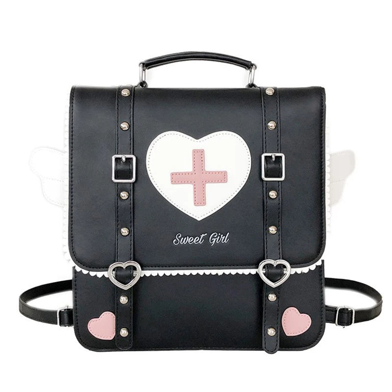 KAWAI Japan Style Lolita Backpack Girl Students Artificial Leather Briefcase Angel Wings Bookbag HandBags