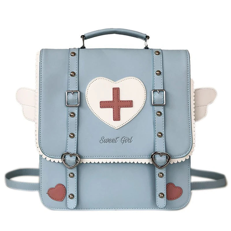 KAWAI Japan Style Lolita Backpack Girl Students Artificial Leather Briefcase Angel Wings Bookbag HandBags