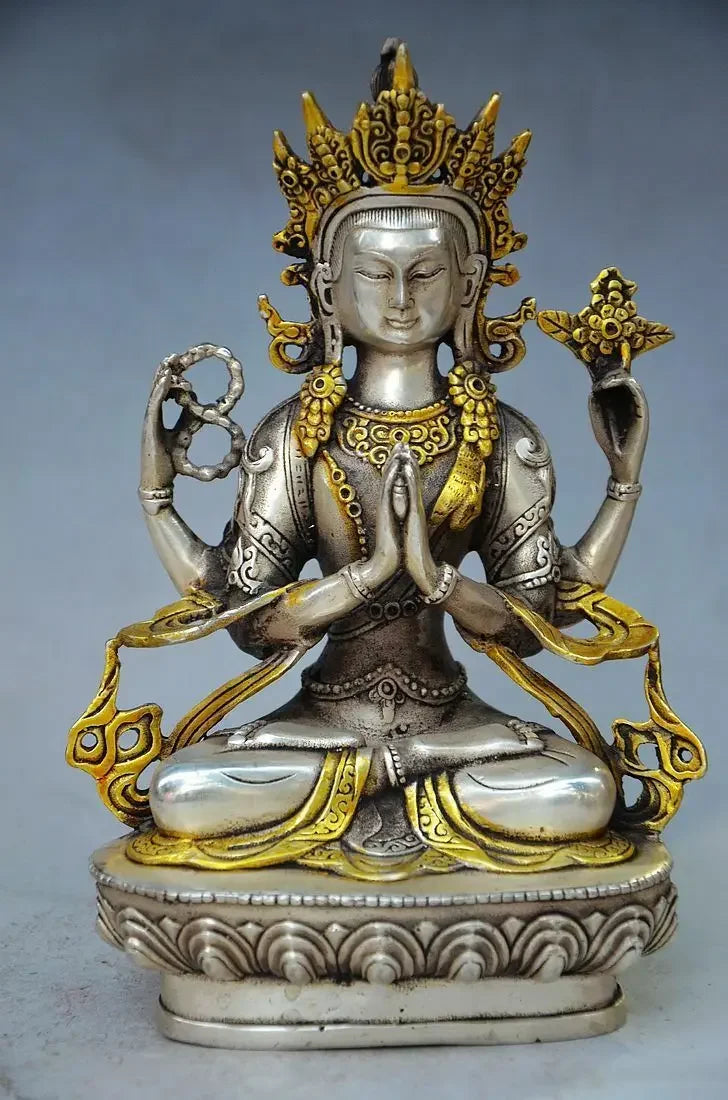 Karya Tangan Emas Perak Tibet Tiongkok Indah Ukiran Patung Buddha Tibet RT