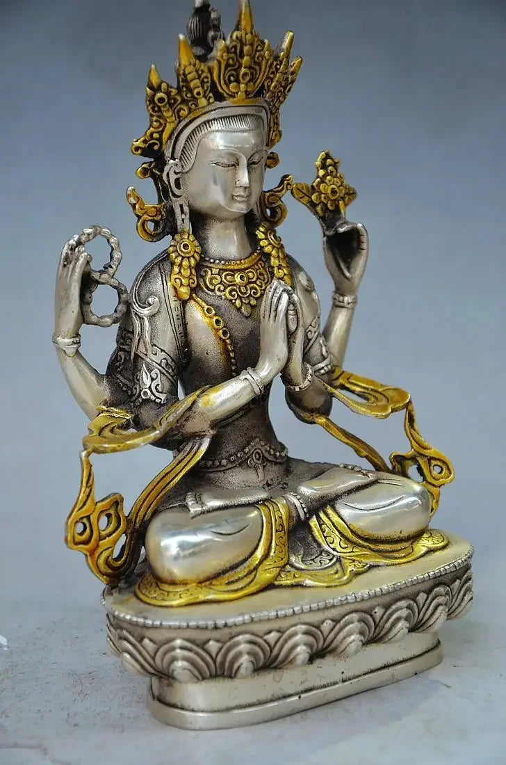 Karya Tangan Emas Perak Tibet Tiongkok Indah Ukiran Patung Buddha Tibet RT