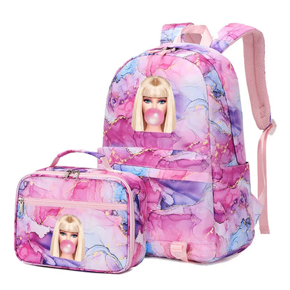 Kawaii Barbie Girls Boys Kids 2 pcs Backpack with Lunch Bag Rucksack Casual School Bags for Student Teenagers Women Sets