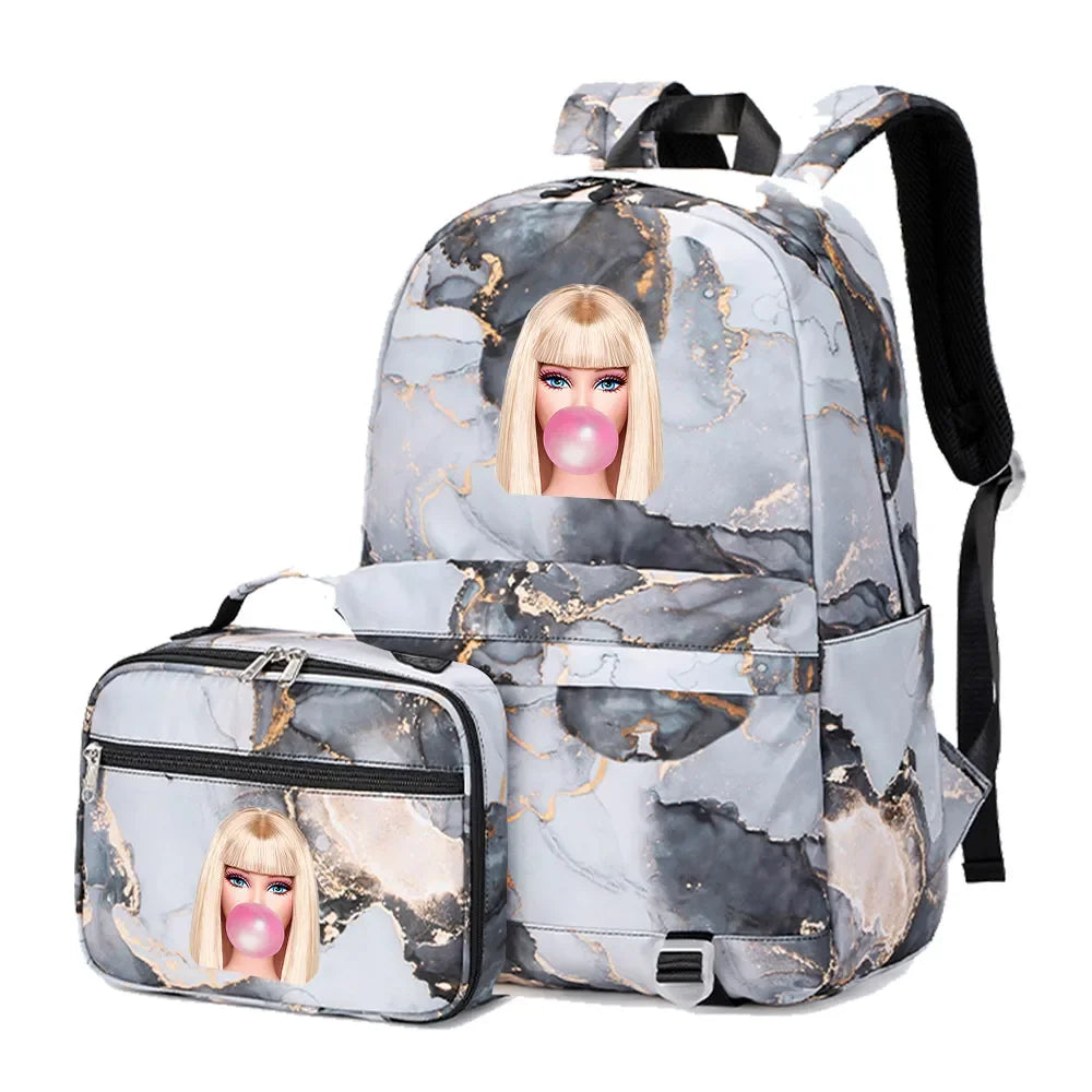 Kawaii Barbie Girls Boys Kids 2 pcs Backpack with Lunch Bag Rucksack Casual School Bags for Student Teenagers Women Sets