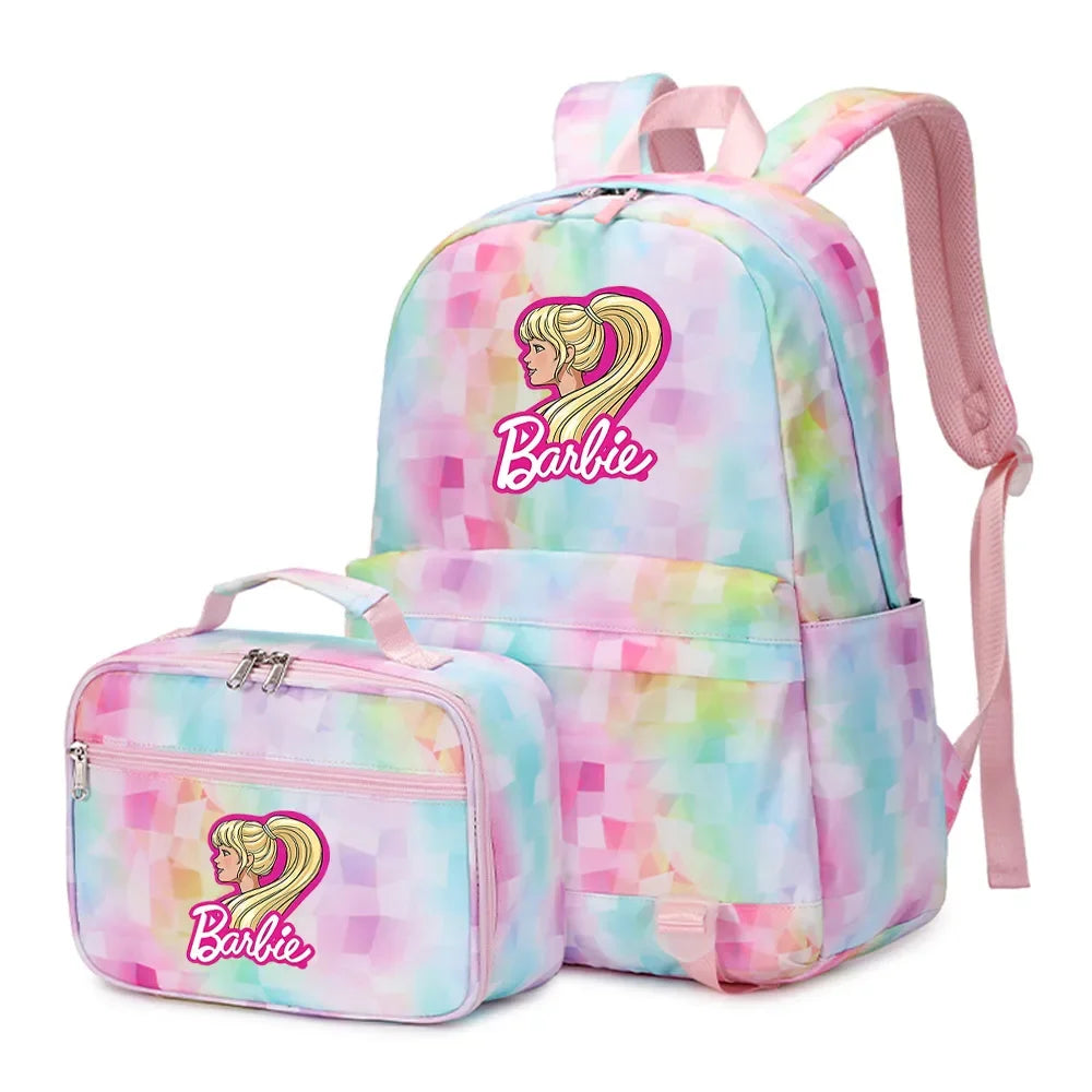 Kawaii Barbie Girls Boys Kids 2 pcs Backpack with Lunch Bag Rucksack Casual School Bags for Student Teenagers Women Sets