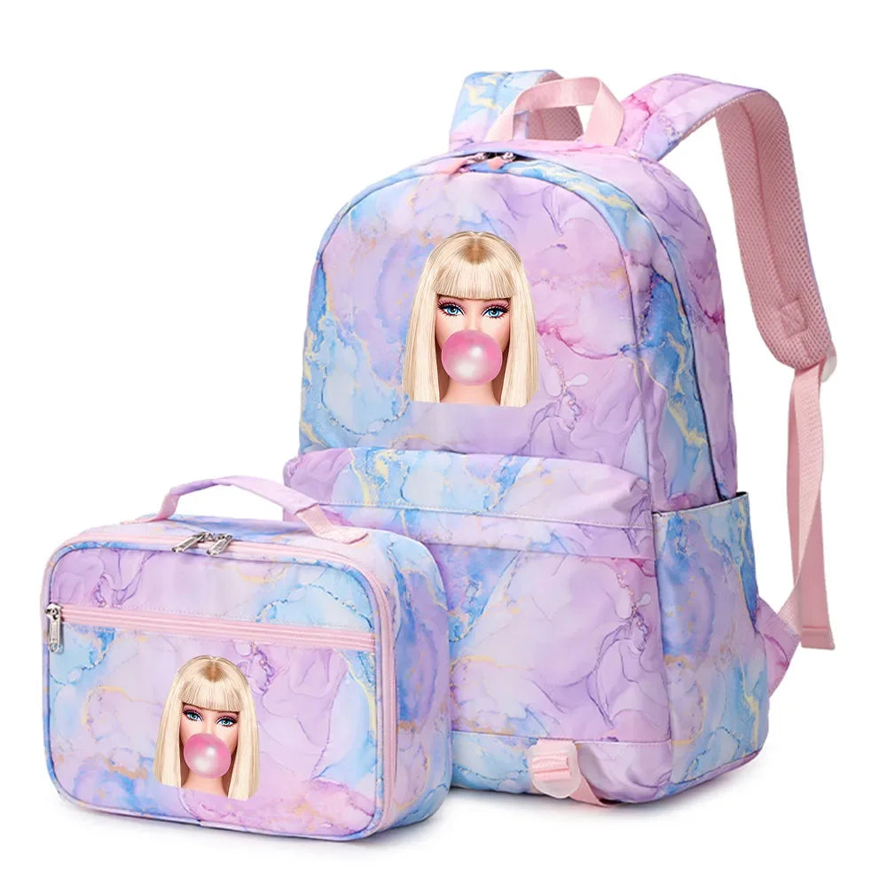 Kawaii Barbie Girls Boys Kids 2 pcs Backpack with Lunch Bag Rucksack Casual School Bags for Student Teenagers Women Sets