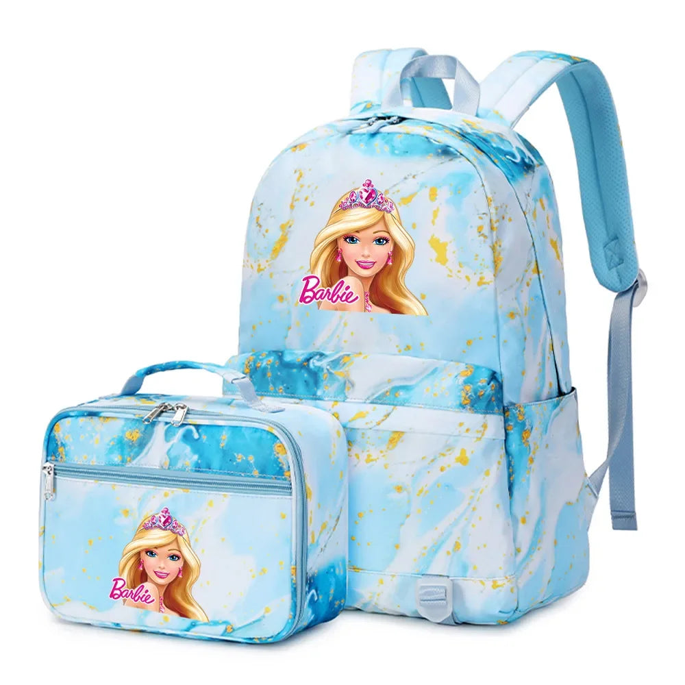 Kawaii Barbie Girls Boys Kids 2 pcs Backpack with Lunch Bag Rucksack Casual School Bags for Student Teenagers Women Sets