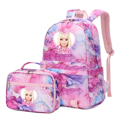 Kawaii Barbie Girls Boys Kids 2 pcs Backpack with Lunch Bag Rucksack Casual School Bags for Student Teenagers Women Sets