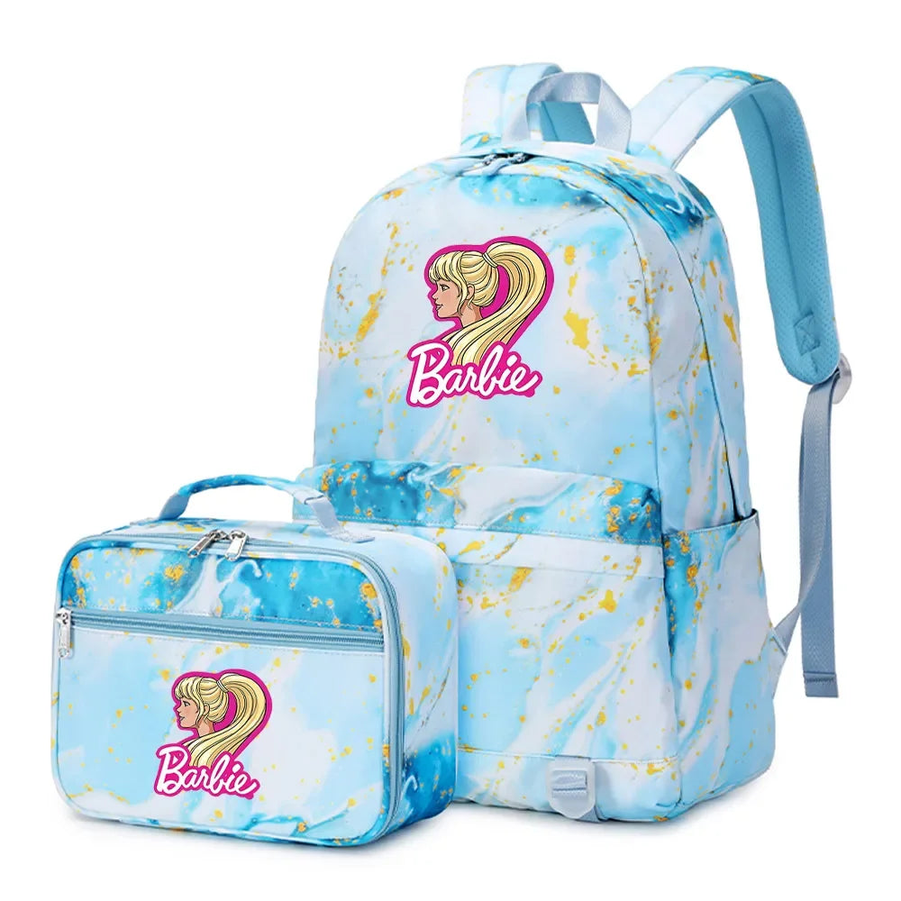 Kawaii Barbie Girls Boys Kids 2 pcs Backpack with Lunch Bag Rucksack Casual School Bags for Student Teenagers Women Sets