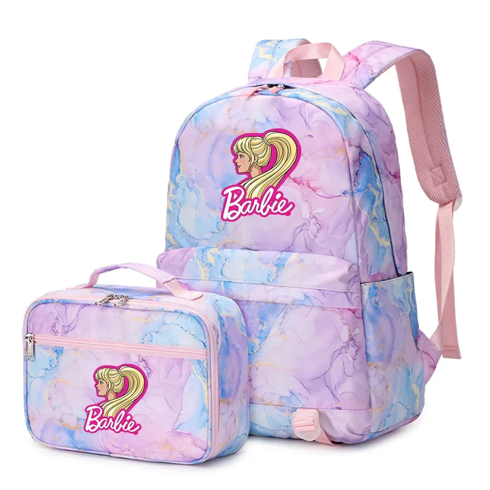 Kawaii Barbie Girls Boys Kids 2 pcs Backpack with Lunch Bag Rucksack Casual School Bags for Student Teenagers Women Sets