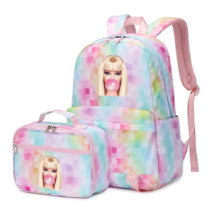 Kawaii Barbie Girls Boys Kids 2 pcs Backpack with Lunch Bag Rucksack Casual School Bags for Student Teenagers Women Sets