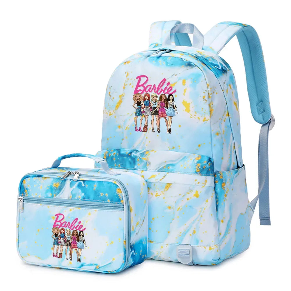Kawaii Barbie Girls Boys Kids 2 pcs Backpack with Lunch Bag Rucksack Casual School Bags for Student Teenagers Women Sets