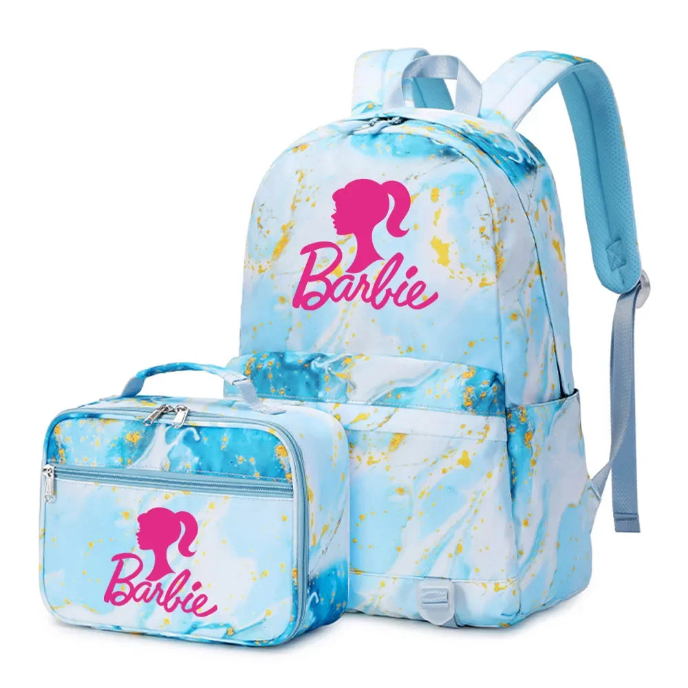 Kawaii Barbie Girls Boys Kids 2 pcs Backpack with Lunch Bag Rucksack Casual School Bags for Student Teenagers Women Sets