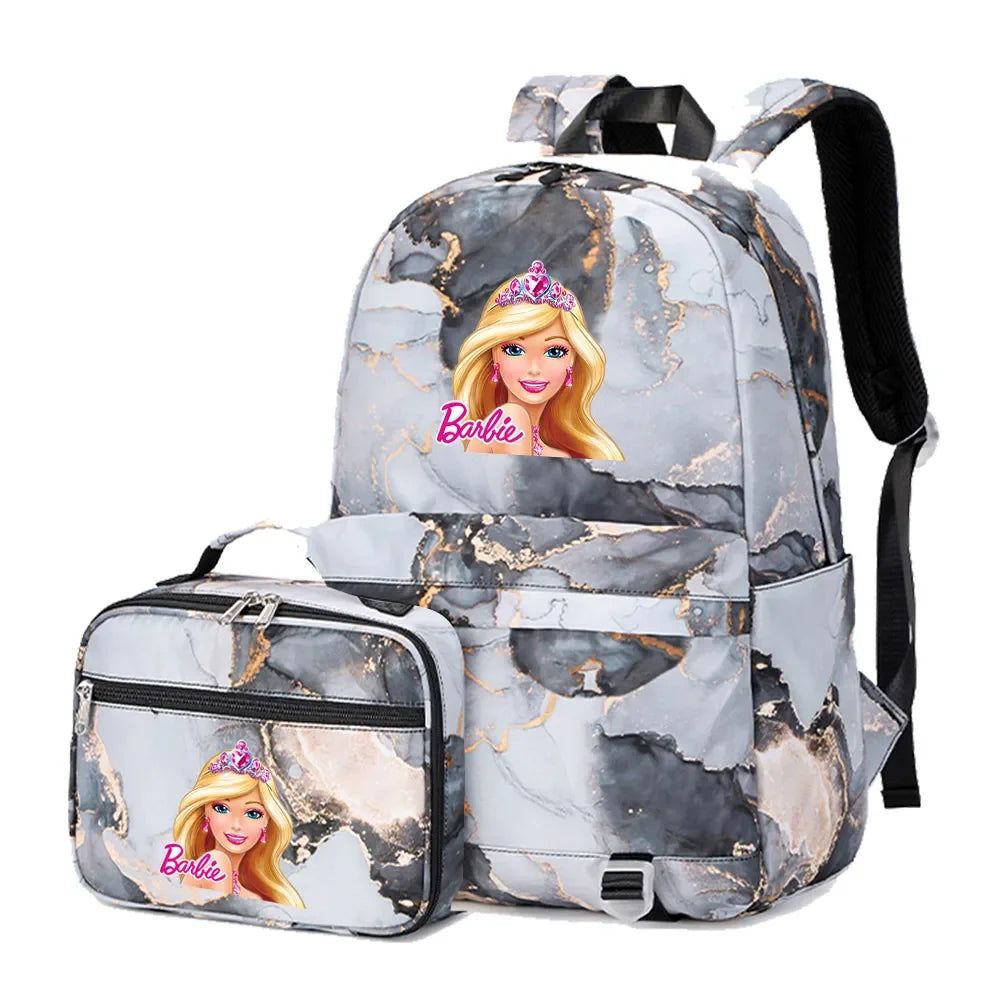 Kawaii Barbie Girls Boys Kids 2 pcs Backpack with Lunch Bag Rucksack Casual School Bags for Student Teenagers Women Sets