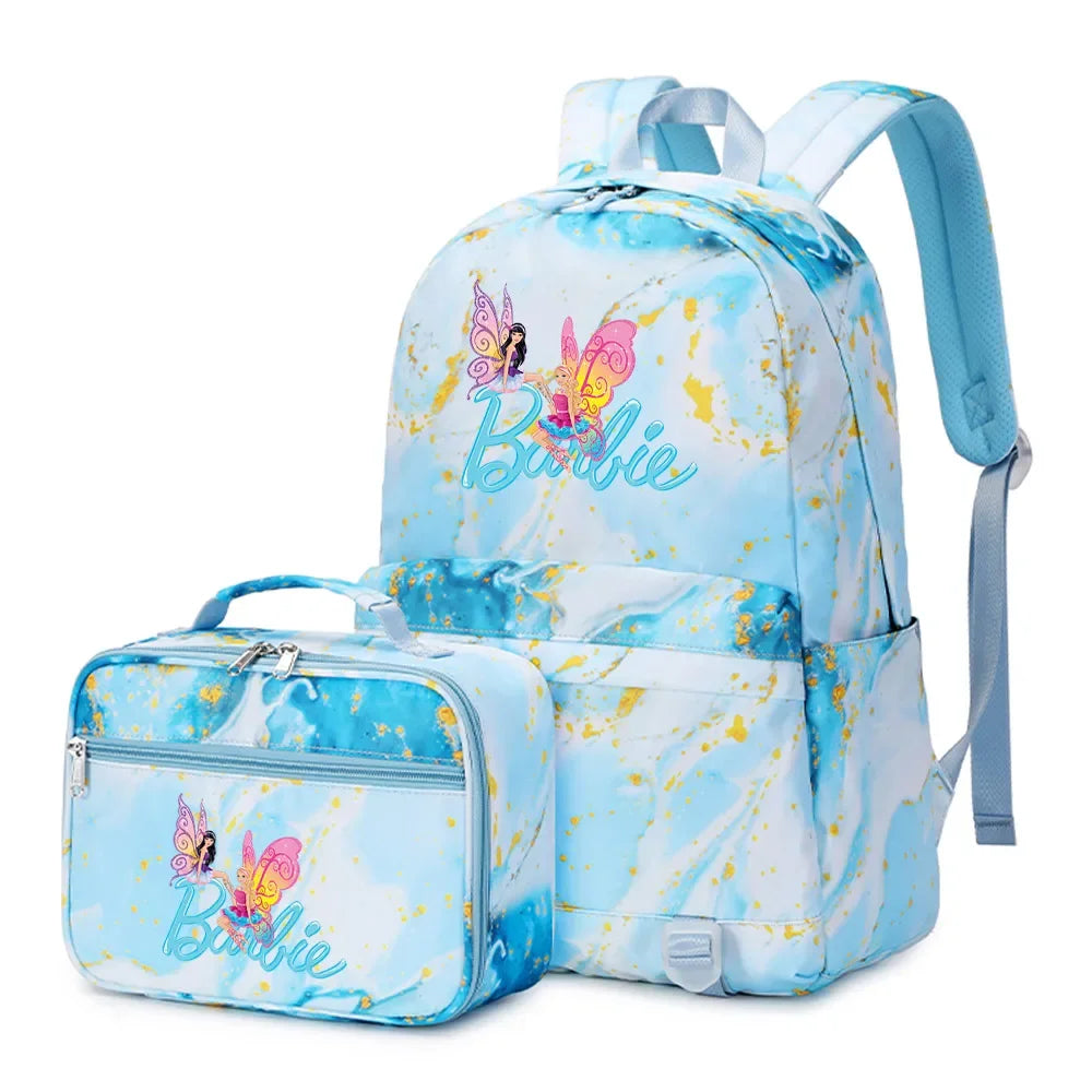 Kawaii Barbie Girls Boys Kids 2 pcs Backpack with Lunch Bag Rucksack Casual School Bags for Student Teenagers Women Sets