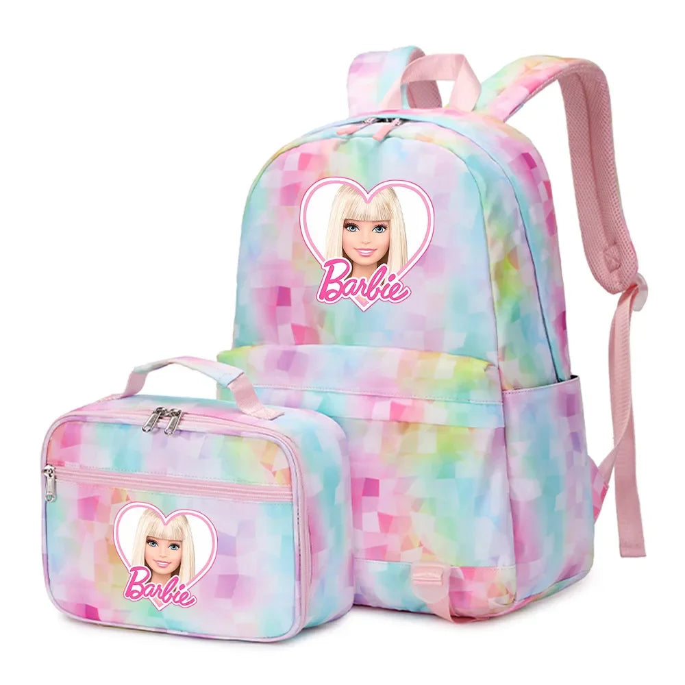 Kawaii Barbie Girls Boys Kids 2 pcs Backpack with Lunch Bag Rucksack Casual School Bags for Student Teenagers Women Sets