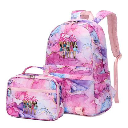Kawaii Barbie Girls Boys Kids 2 pcs Backpack with Lunch Bag Rucksack Casual School Bags for Student Teenagers Women Sets