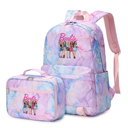 Kawaii Barbie Girls Boys Kids 2 pcs Backpack with Lunch Bag Rucksack Casual School Bags for Student Teenagers Women Sets