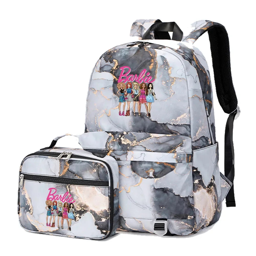 Kawaii Barbie Girls Boys Kids 2 pcs Backpack with Lunch Bag Rucksack Casual School Bags for Student Teenagers Women Sets