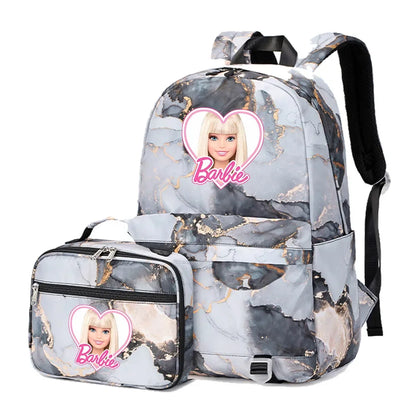 Kawaii Barbie Girls Boys Kids 2 pcs Backpack with Lunch Bag Rucksack Casual School Bags for Student Teenagers Women Sets