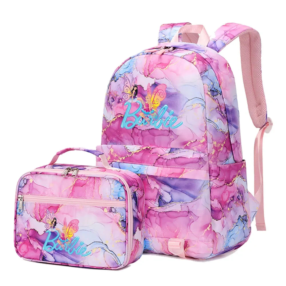 Kawaii Barbie Girls Boys Kids 2 pcs Backpack with Lunch Bag Rucksack Casual School Bags for Student Teenagers Women Sets