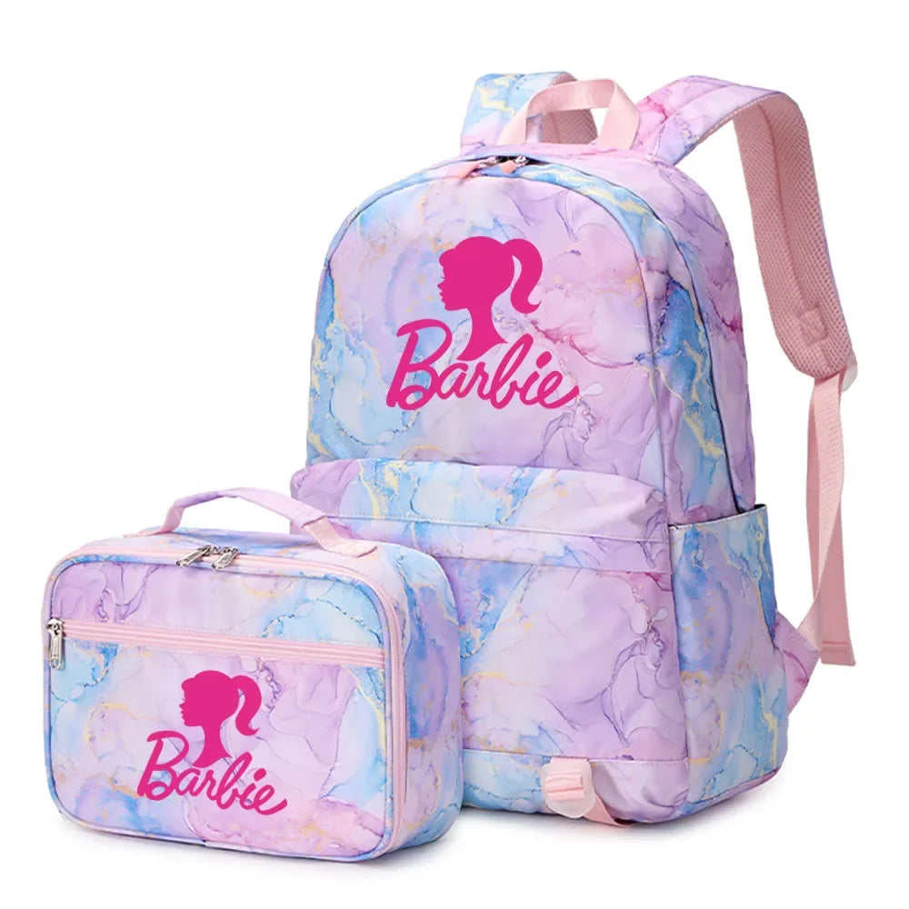 Kawaii Barbie Girls Boys Kids 2 pcs Backpack with Lunch Bag Rucksack Casual School Bags for Student Teenagers Women Sets