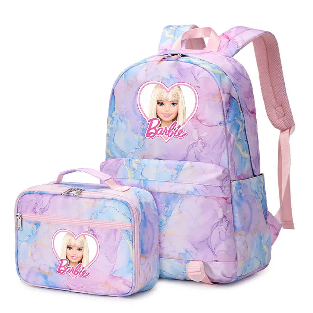 Kawaii Barbie Girls Boys Kids 2 pcs Backpack with Lunch Bag Rucksack Casual School Bags for Student Teenagers Women Sets