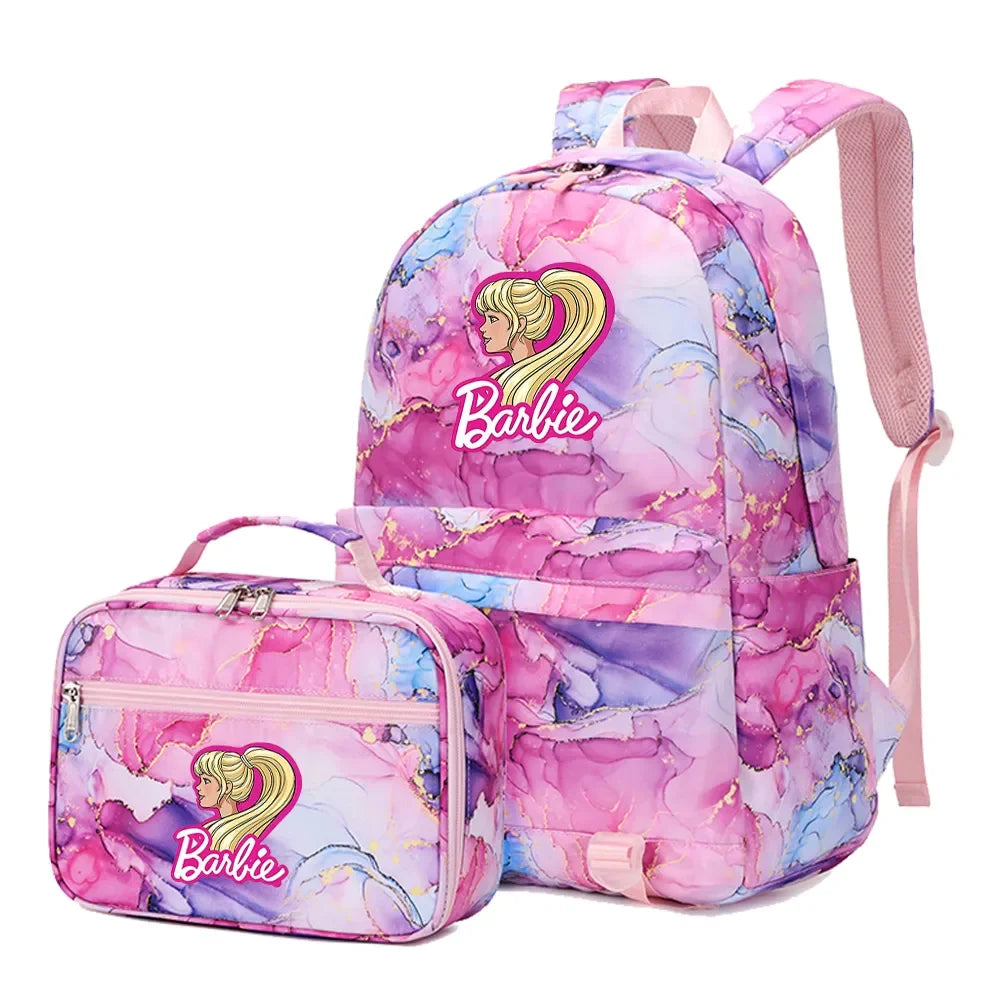 Kawaii Barbie Girls Boys Kids 2 pcs Backpack with Lunch Bag Rucksack Casual School Bags for Student Teenagers Women Sets