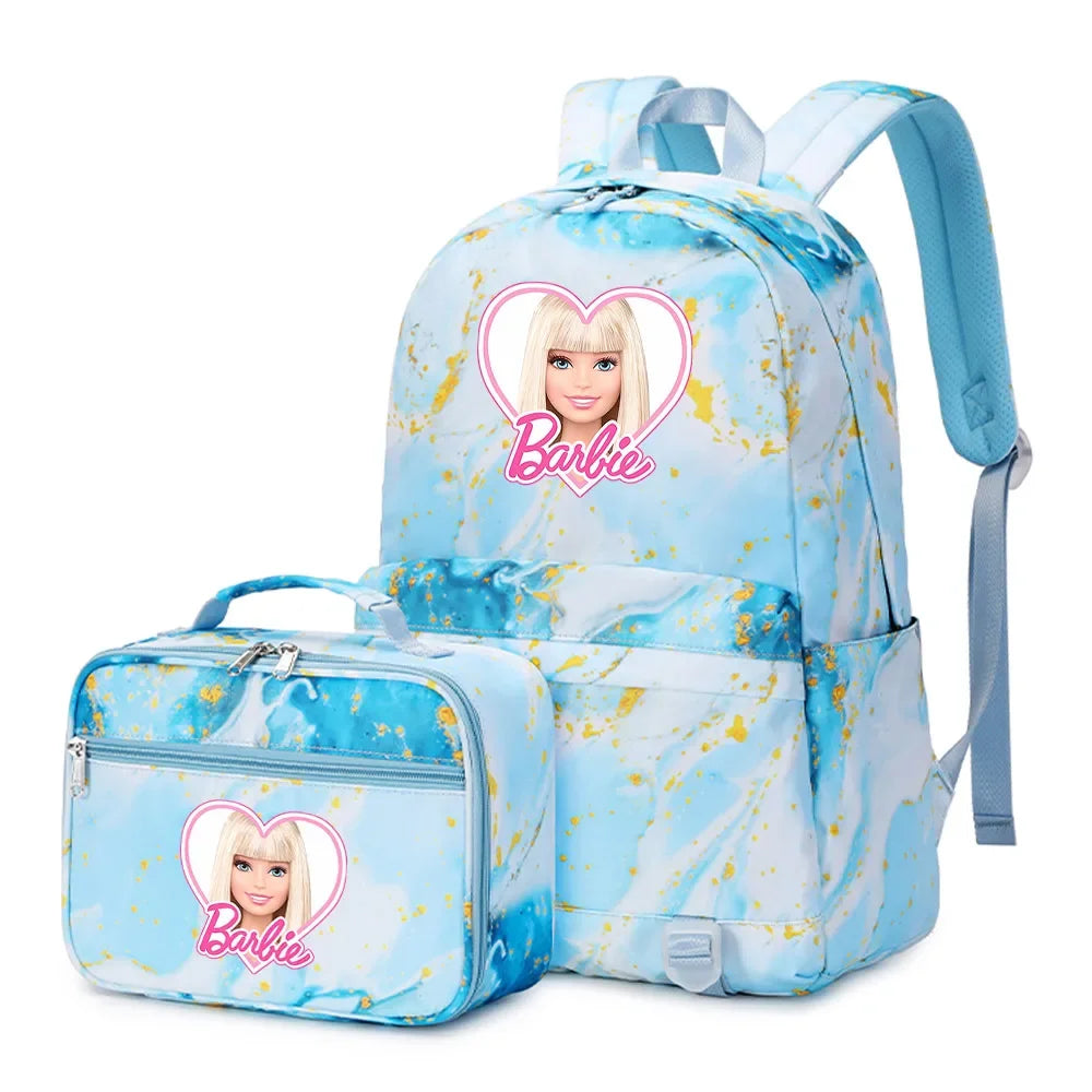 Kawaii Barbie Girls Boys Kids 2 pcs Backpack with Lunch Bag Rucksack Casual School Bags for Student Teenagers Women Sets