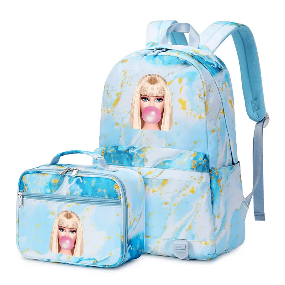 Kawaii Barbie Girls Boys Kids 2 pcs Backpack with Lunch Bag Rucksack Casual School Bags for Student Teenagers Women Sets