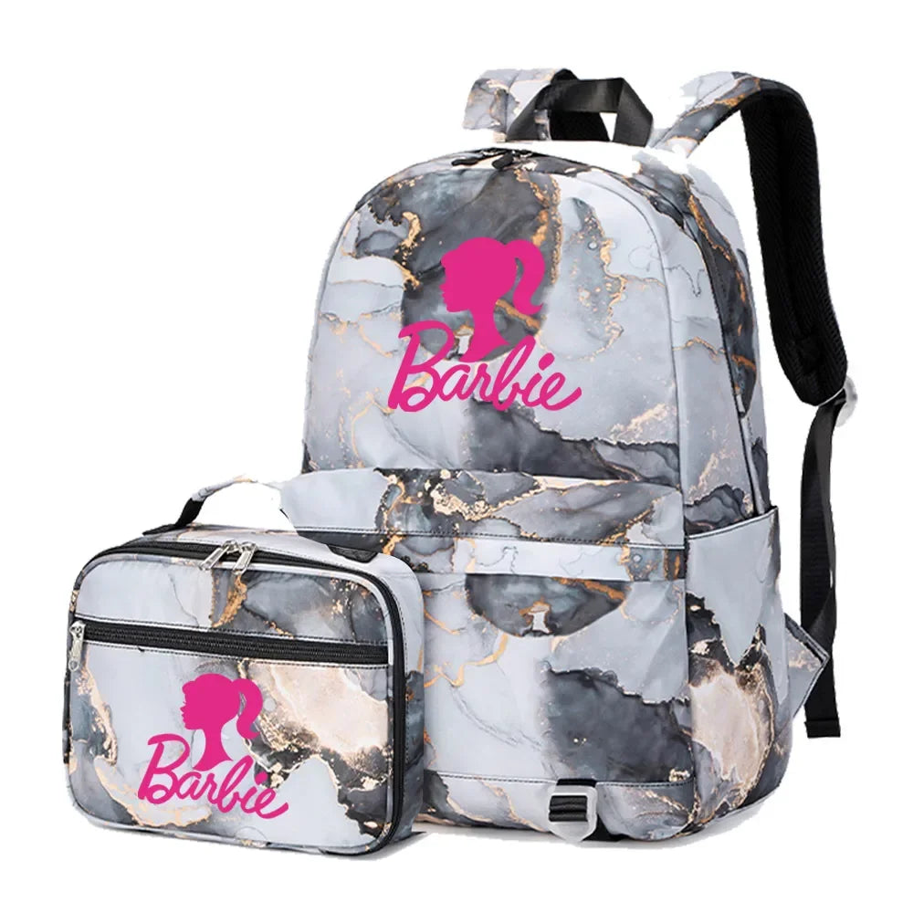 Kawaii Barbie Girls Boys Kids 2 pcs Backpack with Lunch Bag Rucksack Casual School Bags for Student Teenagers Women Sets