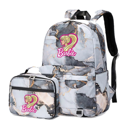 Kawaii Barbie Girls Boys Kids 2 pcs Backpack with Lunch Bag Rucksack Casual School Bags for Student Teenagers Women Sets