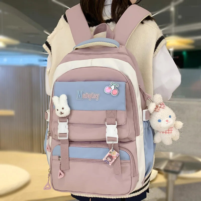 Kawaii Fashion Badge Girl Travel Teenage College Backpack Female Nylon Leisure Backpack Ladies Cute Book Women Laptop School Bag