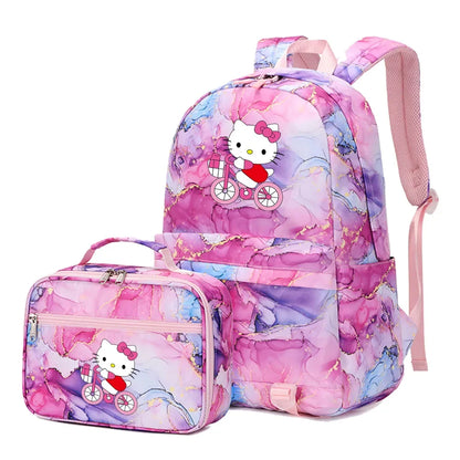 Kawaii Hello Kitty Girls Boys Kids 2 pcs Backpack with Lunch Bag Rucksack Casual School Bags for Student Teenagers Women Sets