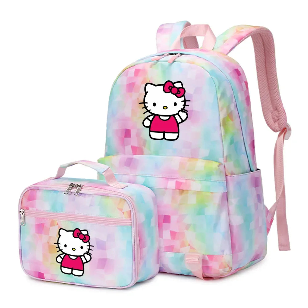 Kawaii Hello Kitty Girls Boys Kids 2 pcs Backpack with Lunch Bag Rucksack Casual School Bags for Student Teenagers Women Sets