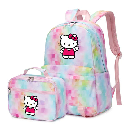 Kawaii Hello Kitty Girls Boys Kids 2 pcs Backpack with Lunch Bag Rucksack Casual School Bags for Student Teenagers Women Sets