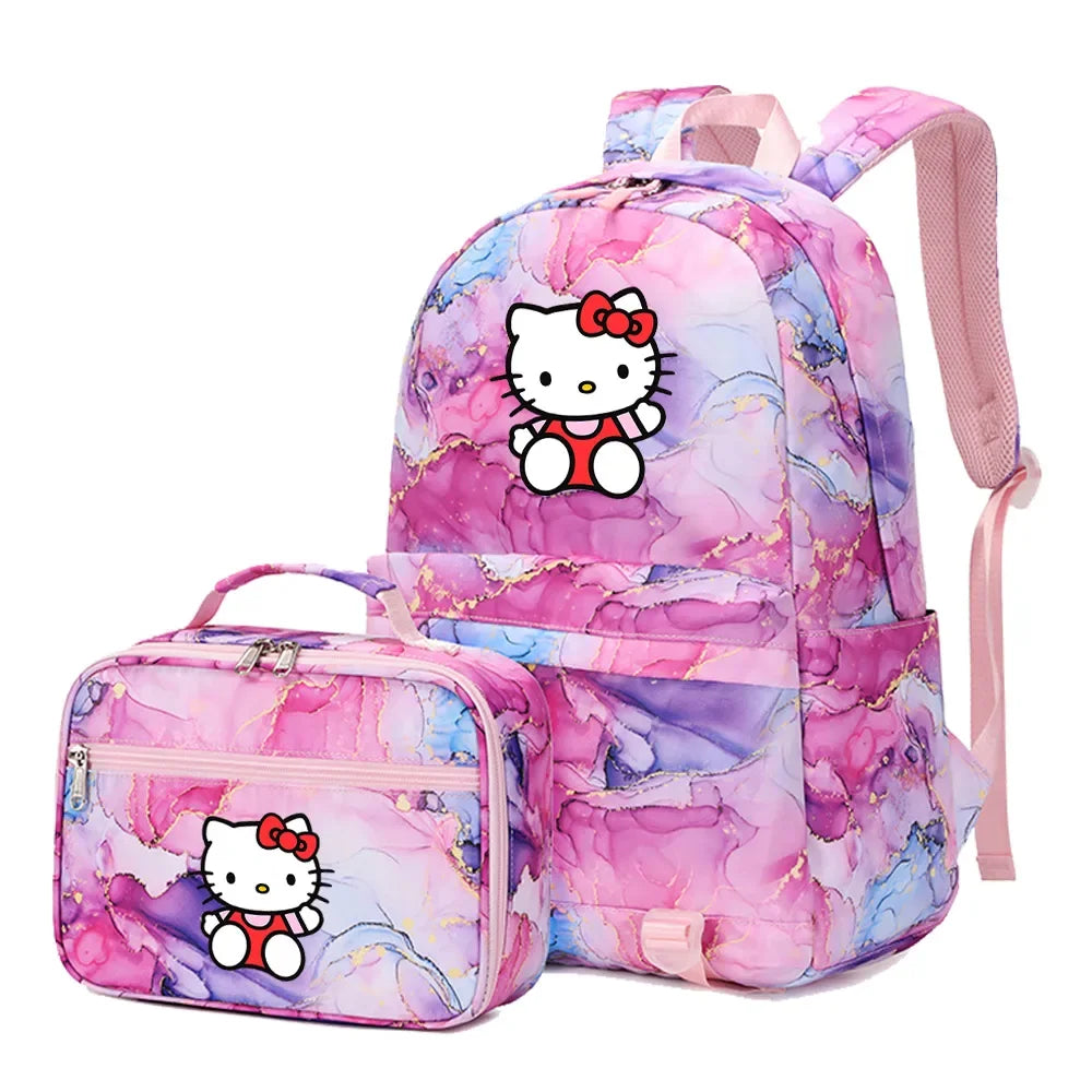 Kawaii Hello Kitty Girls Boys Kids 2 pcs Backpack with Lunch Bag Rucksack Casual School Bags for Student Teenagers Women Sets