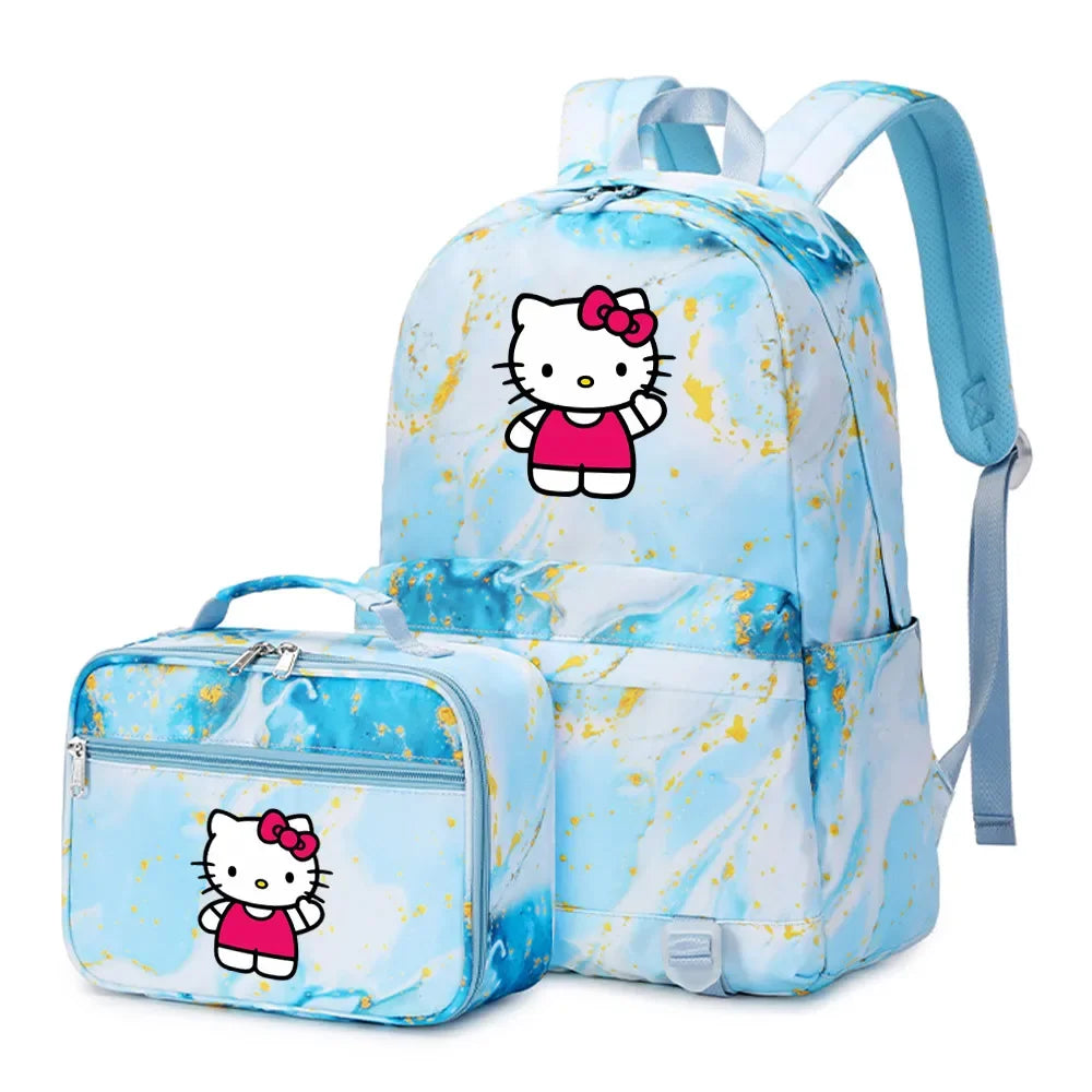 Kawaii Hello Kitty Girls Boys Kids 2 pcs Backpack with Lunch Bag Rucksack Casual School Bags for Student Teenagers Women Sets