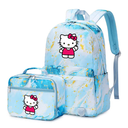 Kawaii Hello Kitty Girls Boys Kids 2 pcs Backpack with Lunch Bag Rucksack Casual School Bags for Student Teenagers Women Sets