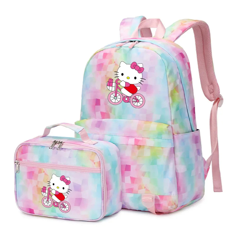 Kawaii Hello Kitty Girls Boys Kids 2 pcs Backpack with Lunch Bag Rucksack Casual School Bags for Student Teenagers Women Sets