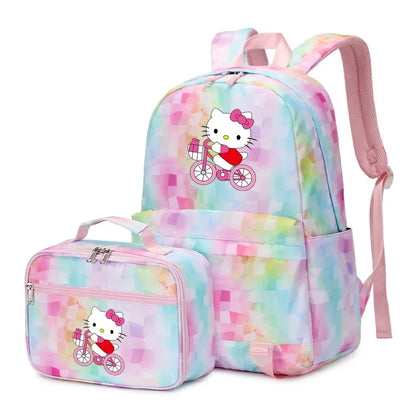Kawaii Hello Kitty Girls Boys Kids 2 pcs Backpack with Lunch Bag Rucksack Casual School Bags for Student Teenagers Women Sets