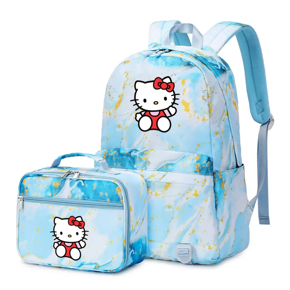 Kawaii Hello Kitty Girls Boys Kids 2 pcs Backpack with Lunch Bag Rucksack Casual School Bags for Student Teenagers Women Sets