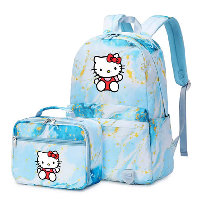 Kawaii Hello Kitty Girls Boys Kids 2 pcs Backpack with Lunch Bag Rucksack Casual School Bags for Student Teenagers Women Sets