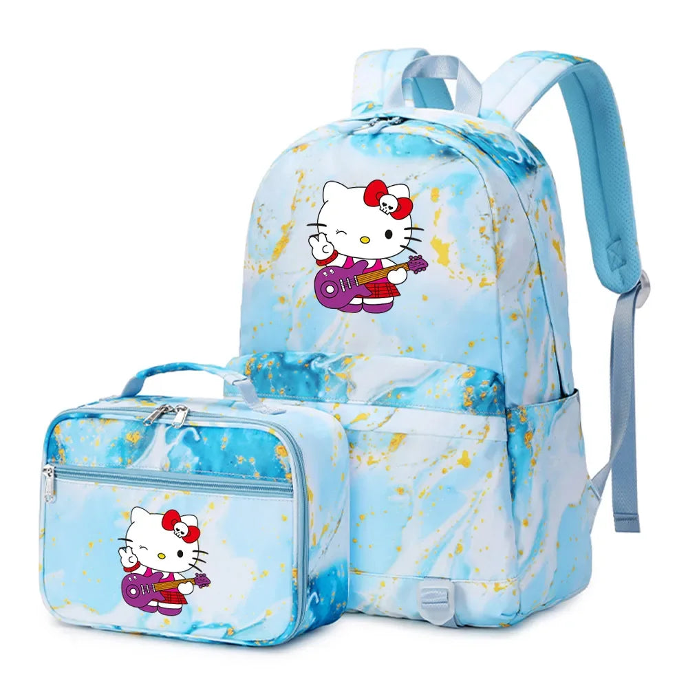 Kawaii Hello Kitty Girls Boys Kids 2 pcs Backpack with Lunch Bag Rucksack Casual School Bags for Student Teenagers Women Sets