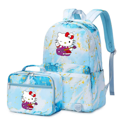 Kawaii Hello Kitty Girls Boys Kids 2 pcs Backpack with Lunch Bag Rucksack Casual School Bags for Student Teenagers Women Sets