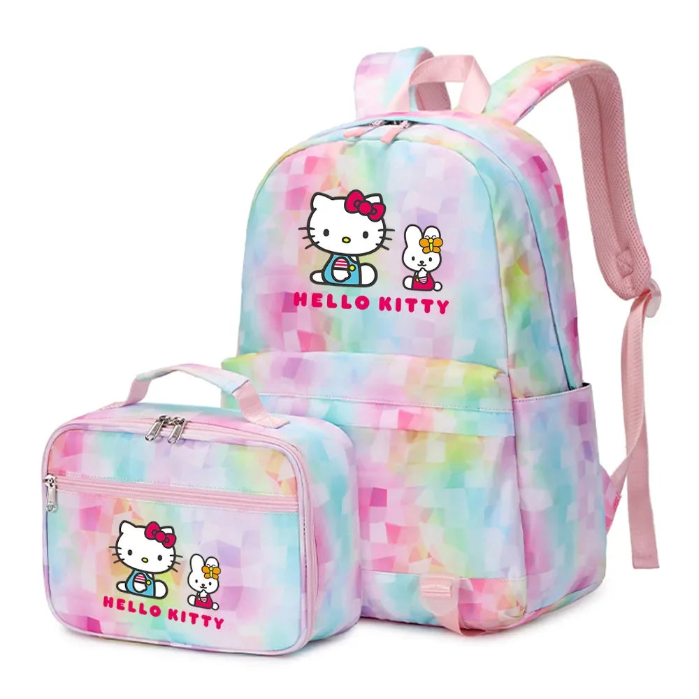 Kawaii Hello Kitty Girls Boys Kids 2 pcs Backpack with Lunch Bag Rucksack Casual School Bags for Student Teenagers Women Sets