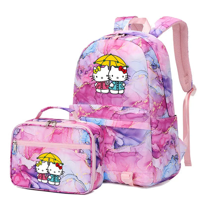 Kawaii Hello Kitty Girls Boys Kids 2 pcs Backpack with Lunch Bag Rucksack Casual School Bags for Student Teenagers Women Sets