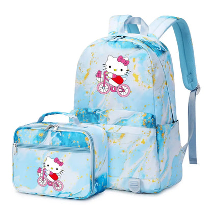 Kawaii Hello Kitty Girls Boys Kids 2 pcs Backpack with Lunch Bag Rucksack Casual School Bags for Student Teenagers Women Sets