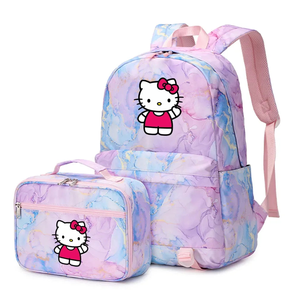 Kawaii Hello Kitty Girls Boys Kids 2 pcs Backpack with Lunch Bag Rucksack Casual School Bags for Student Teenagers Women Sets