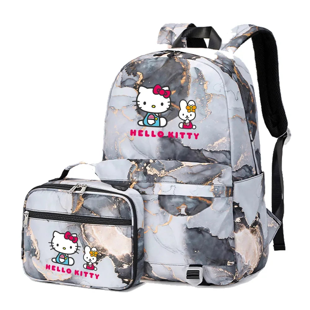 Kawaii Hello Kitty Girls Boys Kids 2 pcs Backpack with Lunch Bag Rucksack Casual School Bags for Student Teenagers Women Sets