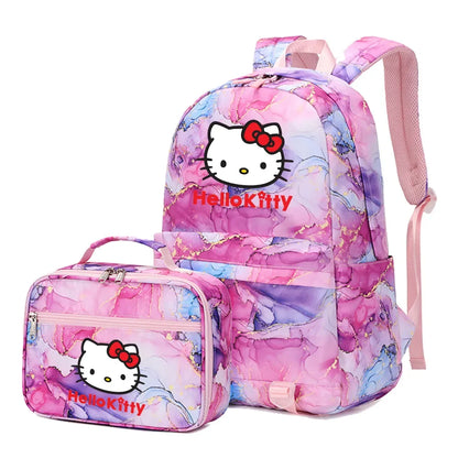Kawaii Hello Kitty Girls Boys Kids 2 pcs Backpack with Lunch Bag Rucksack Casual School Bags for Student Teenagers Women Sets